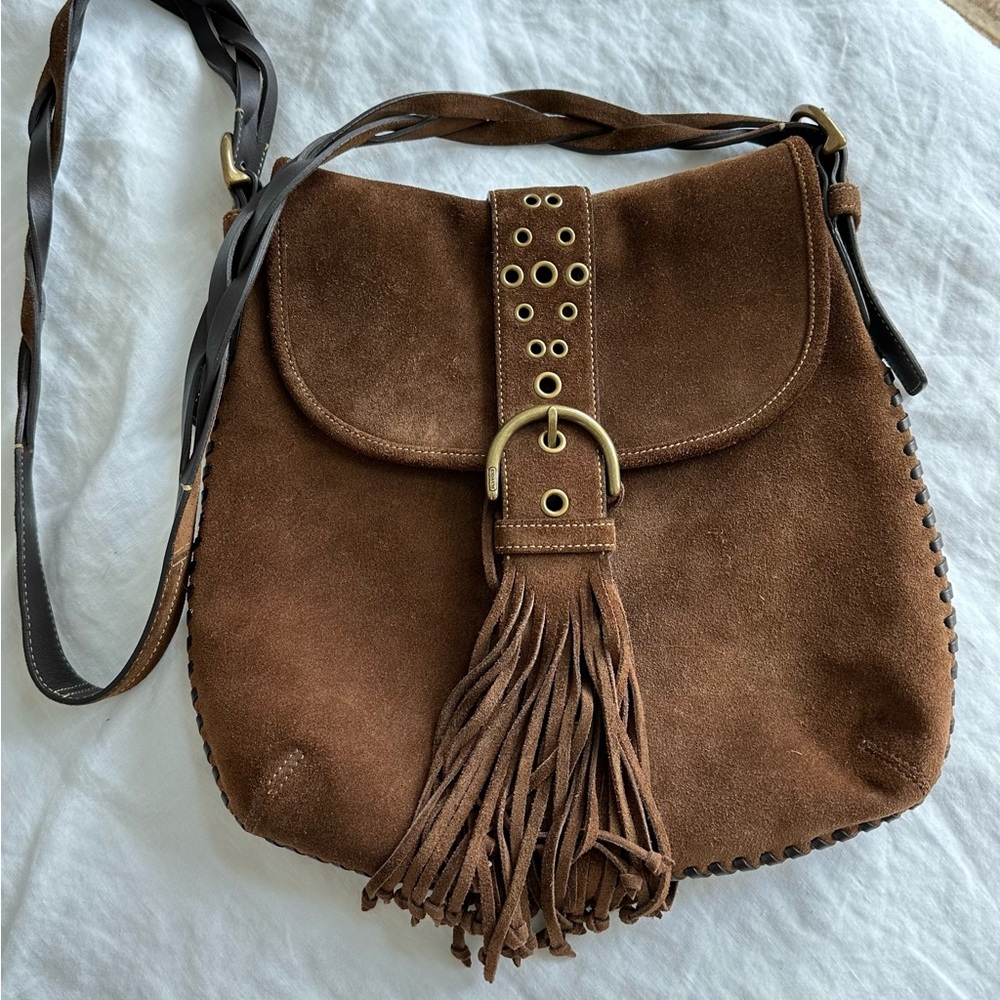 Vintage Coach suede satchel handbag brown with tassel
